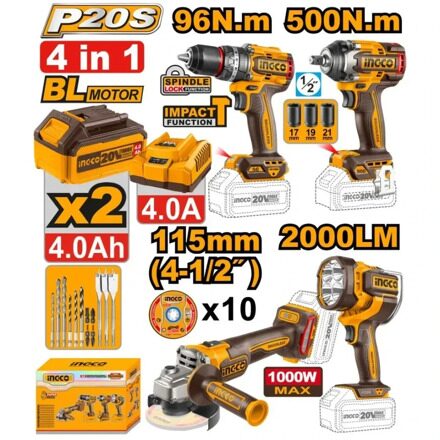 4 ta 1 da to'plam INGCO COSLI241292 INDUSTRIAL (otvertka/zarbali kalit/burchak maydalagich/chiroq/2 ta batareya)
